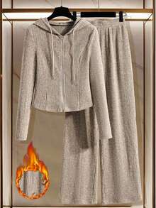 Franclia 女式纯色连帽长袖上衣和裤子两件套