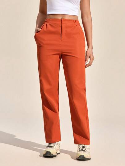 Exploreva 女士纯色斜插口袋休闲直筒徒步裤