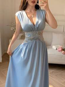 Celisse Blue Embroidered Mesh Splice Deep V-Neck Elegant Dress For Women - Blue - View 6