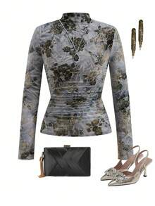 Ellevyn Áo thun dài tay cổ đứng ôm dáng, in hoa, xếp ly dành cho nữ - Nhiều màu - Xem 3