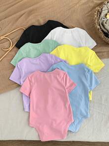 SHEIN LMoss Kids 7pcs/Set Newborn Baby Girl Cute Solid Color Knitted Short Sleeve Romper, Summer Baby Neutral Color Clothes Neutral Baby Clothes Unisex - Multicolor - View 2