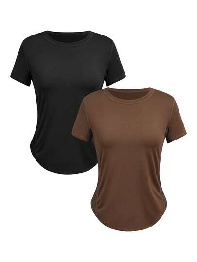 Easithlete Solid Color Round Neck Asymmetric Hem Fitted Short Sleeve Sports T-Shirt