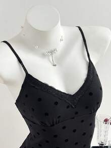 Elamini 女士休闲黑色植绒波点性感V领蕾丝边拼接吊带背心，夏季 - 黑色 - 查看 3