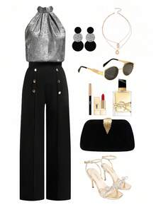 Ellevyn 大码金色吊带露背上衣，金属系带无袖衬衫，搭配金属扣长裤两件套，休闲派对装 - 銀色 - 查看 3