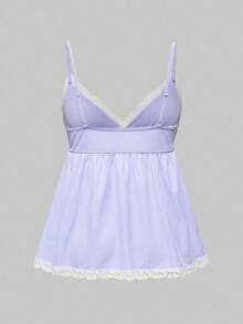 ROMWE Ribbed Lace Camisole & Shorts Casual Pajama Set - Mauve Purple - View 6
