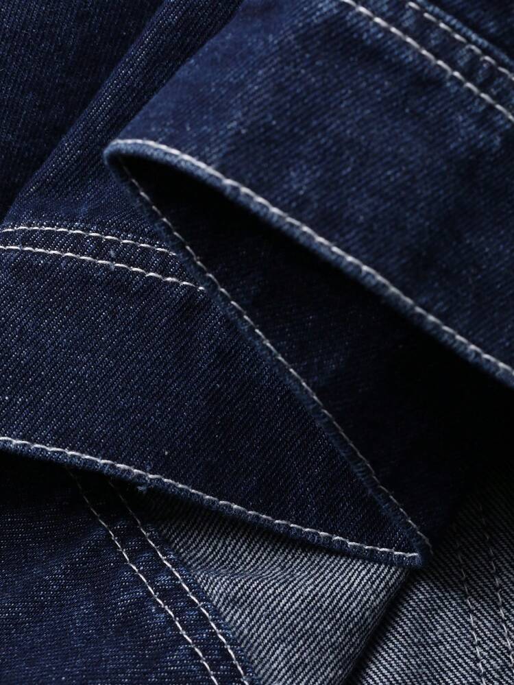 Men's Denim Jacket With Embroidered Lettering Pattern, Navy Blue, Suitable For Spring And Autumn