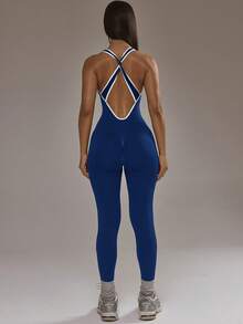 Musera Sport Bộ jumpsuit ôm sát cổ chữ V phối viền tương phản Padel, trang phục thể thao mùa đông, tập gym, tập luyện mùa hè - Xanh đậm - Xem 4