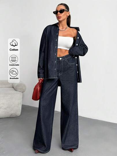 EURMUSE Women's Long Sleeve Single-Breasted Denim Shirt And Jeans Casual Suit Jeans Wide Leg 2 Piece Denim Sets Woman Denim Outfit Women Two Piece Outfits Jean Outfit Set Two Piece Denim Sets Woman Denim Two Piece Outfits