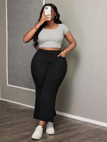 SHEIN PETITE CURVE 大码休闲纯色喇叭裤，适合日常生活、通勤、聚会、毕业典礼、办公室、约会、春季、外出等场合，女士休闲黑色裤子 - 黑色 - 查看 7