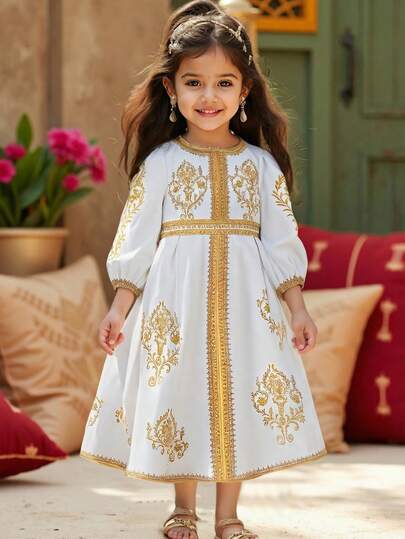 SHEIN Young Girl Ditsy Young Girl Ditsy Floral Puff Sleeve Fitted Dress, Arabic Robe, Suitable For Girls Daily Wear, Festivals, Family Gatherings And Special Occasions,Holiday,Sibling Outfits,Sisters OutfitPuff Sleeve Fitted Dress