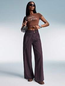 GENKIRA 复古不对称条纹高腰宽松阔腿休闲直筒女裤 - 紫色 - 查看 2