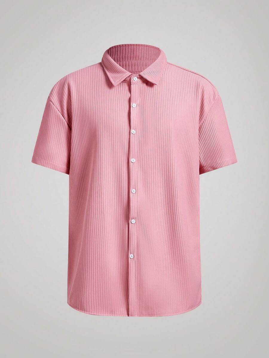 Officeau Old Money Style Men's Ribbed Knit Shirt Short Sleeve Lapel Shirt Solid Color Textured Pink Shirt For Summer Resort Vacation Casual Office Wear.Christmas&New Year's Excellent Gift For Dad Or Husband Spring To Summer - Red - View 1