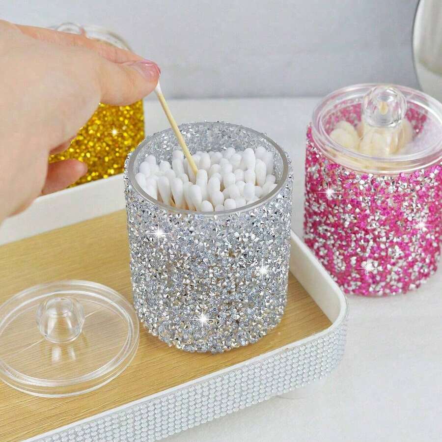 1PC Rhinestone Cotton Swab Storage Box, Makeup Pad Pads, Cotton Swabs, Toothpicks, Dental Floss, Hair Ties, Small Items Round Organizer, Makeup Table And Office Desk - Multicolor - View 1