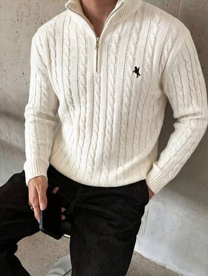 Manfinity Homme Men's Solid Color Front Half Zip Plain Long Sleeve Casual Pullover Sweater, For Friends,  Spring/Summer Men's Lightweight Half-Zip Knit Sweater, Long Sleeve Pullover, Fall/Winter New Blogger Chic Design 3D Floral Embroidery Half-Zip Crew Neck Sweater, Spring/Summer It Is Great For Couples And Makes An Excellent Gift Idea For Boyfriends Or Husbands Zip Up Sweater Mens Sweater Polo Sweater Men Knitted