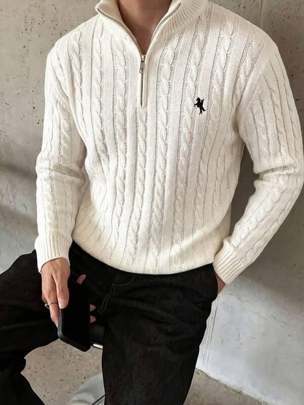 Manfinity Homme Men's Solid Color Front Half Zip Plain Long Sleeve Casual Pullover Sweater, For Friends,  Spring/Summer Men's Lightweight Half-Zip Knit Sweater, Long Sleeve Pullover, Fall/Winter New Blogger Chic Design 3D Floral Embroidery Half-Zip Crew Neck Sweater, Spring/Summer It Is Great For Couples And Makes An Excellent Gift Idea For Boyfriends Or Husbands Zip Up Sweater Mens Sweater Polo Sweater Men Knitted