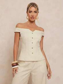 Lumalex Early Spring Off-Shoulder Front-Open Cinched Waist Loose Wide-Leg Pants Women Suit Set PreSpring Vacation Birthday Outfits Wedding VDayGiftGuide RomanticVDayOutfit Guest Wedding VDayGiftGuide RomanticVDayOutfit Party Summer Holiday Beach Outfits Luxury Look LuxeLooks QuietLuxe Prom Gathering Party Banquet Modest Old Money Coquette Rave Festival Richly Layered Party - Apricot - View 6