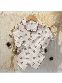 Loomiva Conjunto de 2 piezas de cardigan de punto suave con cuello y pantalones de cintura elástica con estampado de oso de dibujos animados para bebé niño - Caqui - Ver 8