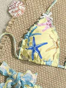Swim Mod Bộ bikini 2 món dành cho nữ, kiểu dáng tam giác buộc dây cổ yếm, họa tiết sao biển, thích hợp cho kỳ nghỉ biển thường ngày. - Nhiều màu - Xem 4
