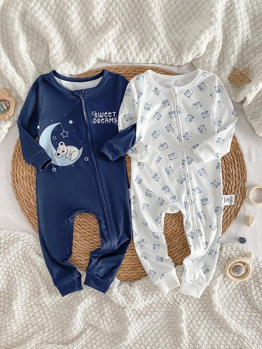 2件套男婴可爱卡通月亮考拉印花拉链连体衣,长袖休闲舒适连体衣,贴身舒适,适合宝宝甜梦,新生儿男婴连体衣,考拉印花男婴长袖套装 - 彩色 - 查看 1