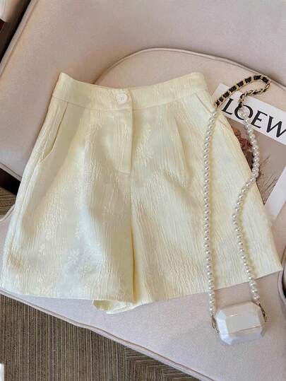 Franclia Women's Luxury Floral Print White Casual Shorts With Pockets, Summer Cream Shorts Summer Two Piece Set Elegant Shorts Two Piece Shorts Women Short Pants White Ruffle Shorts Cream Two Piece Set Summer Co Ords Women