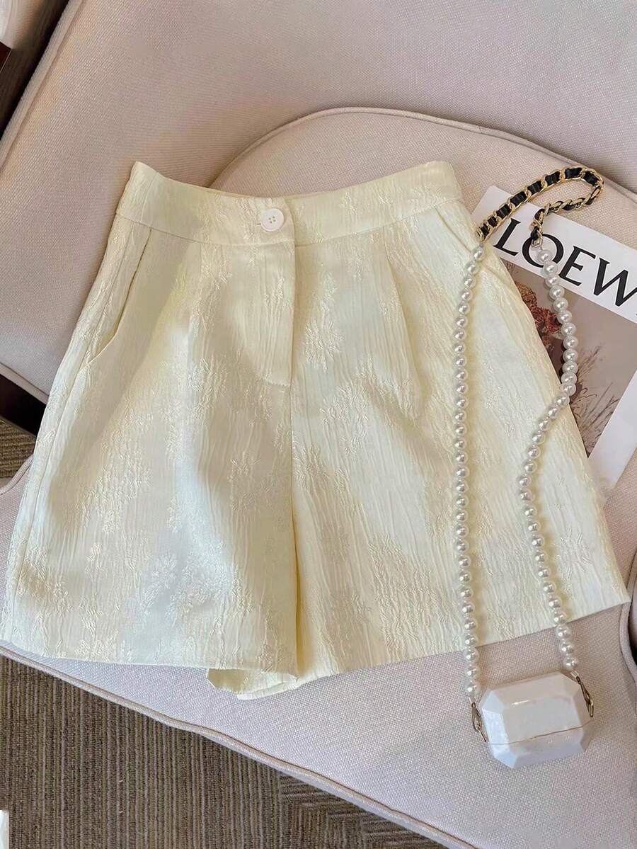 Franclia 女士奢华印花白色休闲短裤，带口袋，夏季 - 杏色 - 查看 1