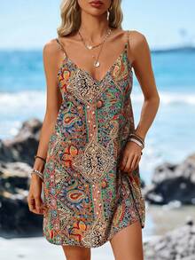 Sylviya 女性波西米亞風格印花交叉束腰連衣裙,v領,露背,流蘇邊緣,適合音樂節