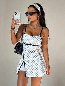 CourtClass 女士春夏高尔夫连衣裙，无袖波点印花撞色滚边开衩半身裙，搭配带口袋的同款短裤，适合休闲、跑步、瑜伽、健身、网球、高尔夫等场合。