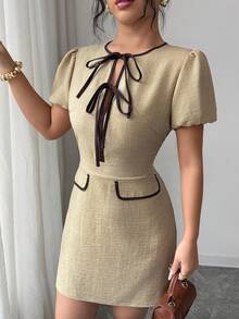 Gloray Vestido mini de mujer con cuello redondo, mangas abullonadas y nudo delantero - Caqui - Ver 5
