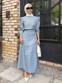 DAZY Women's Elegant Mandarin Collar Puff Sleeve Blouse & Asymmetrical Hem Skirt 2-Piece Set, Spring/Summer - Blue - View 7