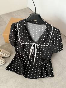 SHEIN Frenchy 女士复古优雅波点印花泡泡袖系领衬衫，夏季，优雅黑色波点系领短袖衬衫，适合夏季穿着，约会和日常穿着皆宜。夏季假期、情人节、派对、外出上衣、度假休闲衬衫、Y2K风格、波点上衣、黑色衬衫 - 黑色 - 查看 7