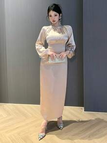 DAZY 女士优雅亮片拼接褶皱长连衣裙，春夏婚礼宾客礼服 - 粉色 - 查看 9