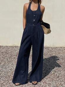 DAZY Women's Stylish Halter Neck Casual Denim Jumpsuit And Overalls Vacation Spring - Dark Wash - View 5