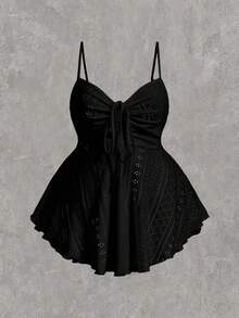 SHEIN EZwear Plus Eyelet Embroidery Ruched Cami Top Summer - Black - View 1