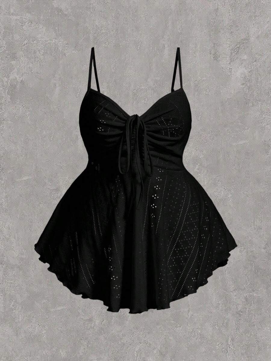 SHEIN EZwear Plus Eyelet Embroidery Ruched Cami Top Summer - Black - View 1