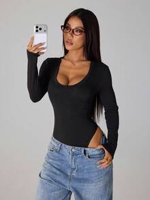 SHEIN PETITE 3件套休闲纯色针织修身长袖心形领连体衣，女士长袖连体衣，性感连体衣，一体式连体衣，女士连体衣，女士性感服装 - 彩色 - 查看 7