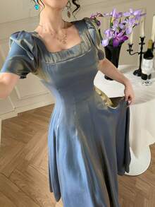 DAZY Đầm nữ thanh lịch màu trơn cổ vuông tay phồng dài ngang gối, đầm dự tiệc cưới mùa xuân/hè. - Màu xanh lam - Xem 3