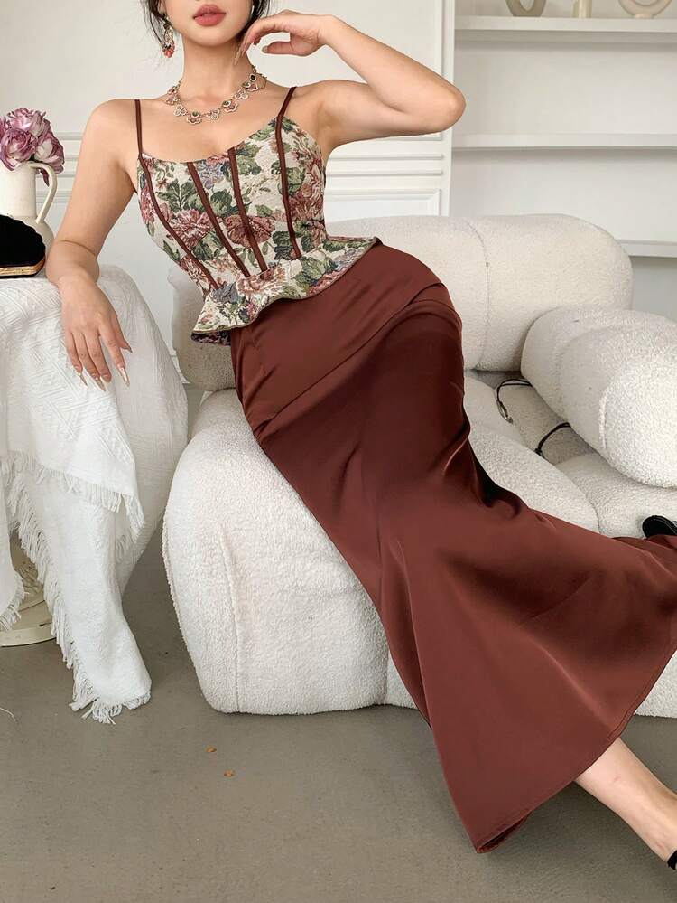 Women's Elegant Floral Contrast Color Splice V-Neck Sleeveless Dress, Summer Wedding Guest Dress Sundress