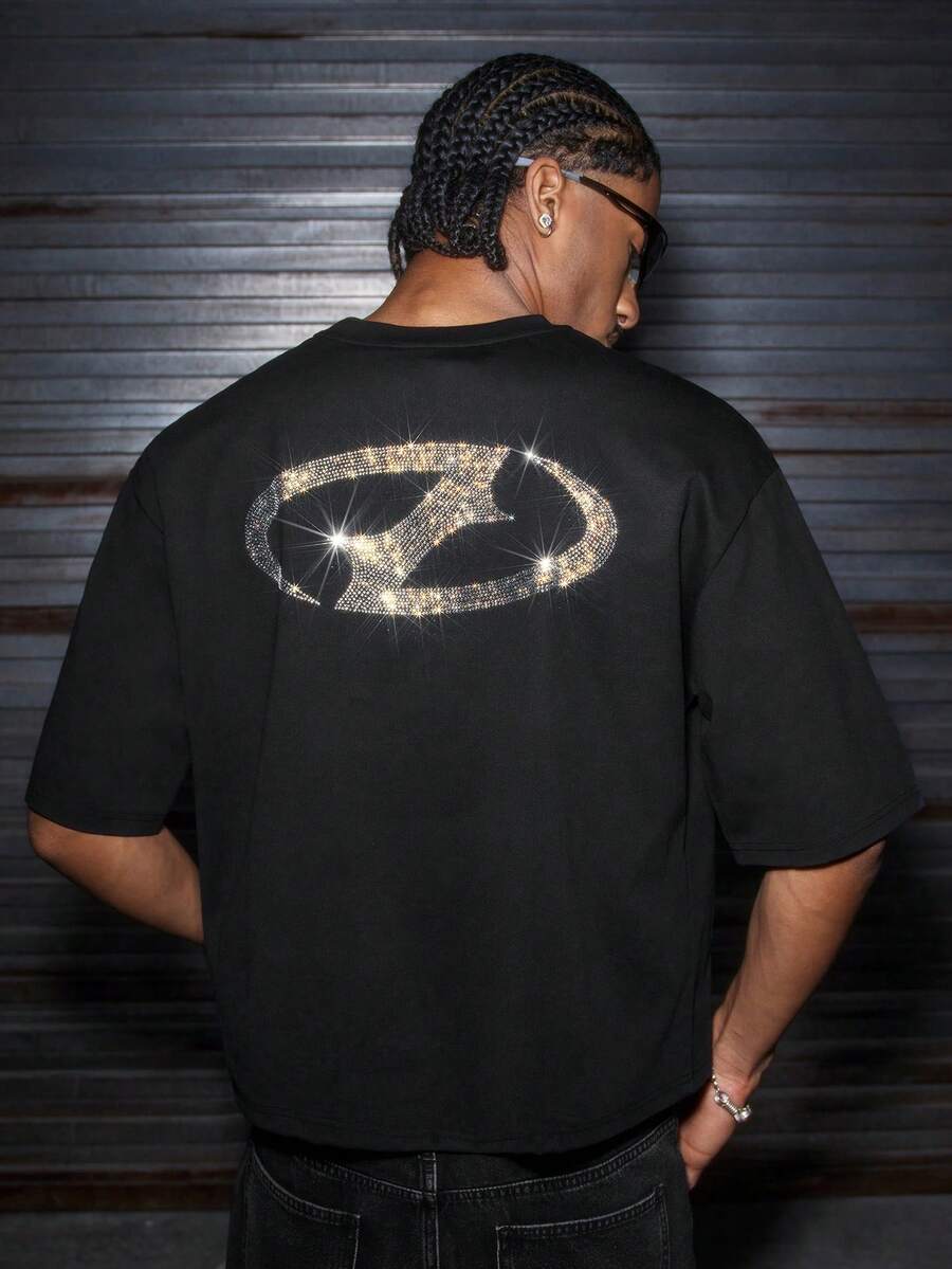 AXEPEAK 男士水钻几何图案圆领宽松休闲短袖T恤 - 黑色 - 查看 1