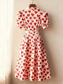 Franclia Women's Elegant Heart Print Mid-Length Dress Heart Dress Puffy Sleeve Dress Heart Print Dress Womens Heart Dress Tea Dress Womens Dress Party Dress Womens Heart Print Dress Red Heart Dress - Multicolor - View 2