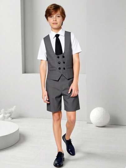 青少年男童绅士两件套，纯色简约设计西装背心+短裤/长裤，适合生日派对、婚礼、毕业典礼、周年纪念等正式场合。