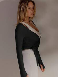 Aralina Camiseta deportiva casual de manga larga con envolvente y nudo delantero para mujer - Negro - Ver 6