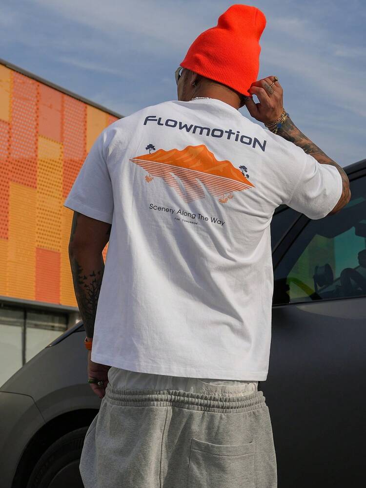 Men's Letter Print White Crew Neck Short Sleeve T-Shirt, Summer