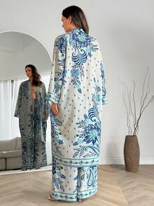 EURMUSE 女士蓝色印花开襟长袍两件套——和服式开衫和阔腿裤，简约波西米亚风居家服，夏季度假装 - 藍白色 - 查看 3