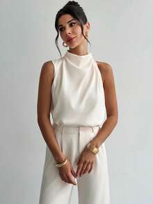 Firerie 女士优雅休闲通勤时尚褶皱领不对称无袖上衣和阔腿裤杏色两件套 - 杏色 - 查看 6