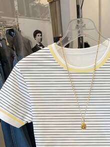 Resyla 女士休闲柠檬刺绣条纹圆领短袖T恤，夏季 - 白色 - 查看 5