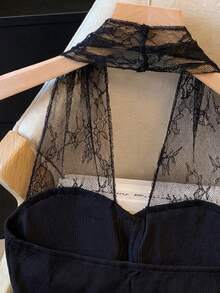 GlowEve Women's Black Solid Color Jacquard Lace Patchwork Backless Design Button Front Elegant Sleeveless Top, Suitable For Birthday, Date, Party, Valentine's Day, Carnival, Easter, Labor Day, Travel, Spring/Summer