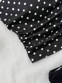 Bộ áo croptop và quần short dệt kim chấm bi đen trắng cho bé gái tuổi teen, phong cách thường ngày, thoải mái, phù hợp cho ngày Valentine, thời trang, cá tính, kỳ nghỉ, lễ hội, phong cách retro, bãi biển, đại dương, thanh lịch. - Đen và trắng - Xem 5