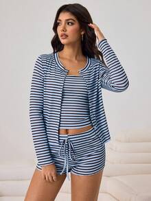 Aidyla Women's Blue Striped Knit Cardigan, Matching Blue Striped Knit Tank Top And Shorts 3 Pieces Set, Spring/Summer - Blue - View 4