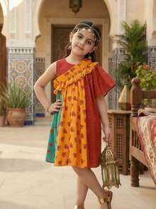 SHEIN Young Girl Floral Print Asymmetrical Ruffle Dress, Red Summer Matching Family Vacation Holiday Islamic Gift, Young Girls Casual Modest Jalabiya - Red - View 3