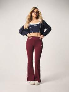 Missguided x Playboy 女士高腰喇叭裤 酒红色弹力阔腿裤 喇叭裤型 办公室休闲秋冬舒适合身 - 酒紅色 - 查看 4